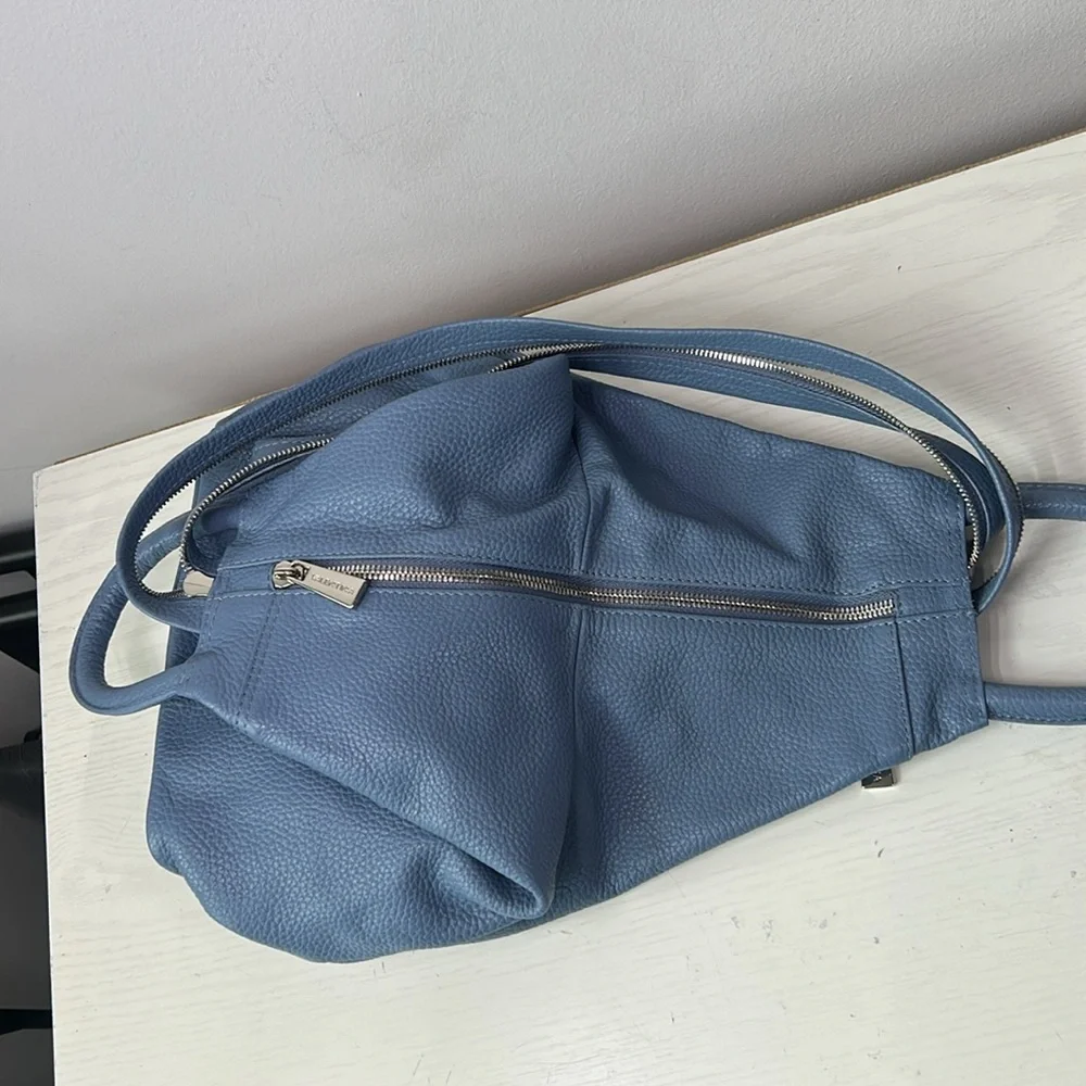Valentina Chic Blue Leather Convertible Backpack Sling Bag with Silver Details